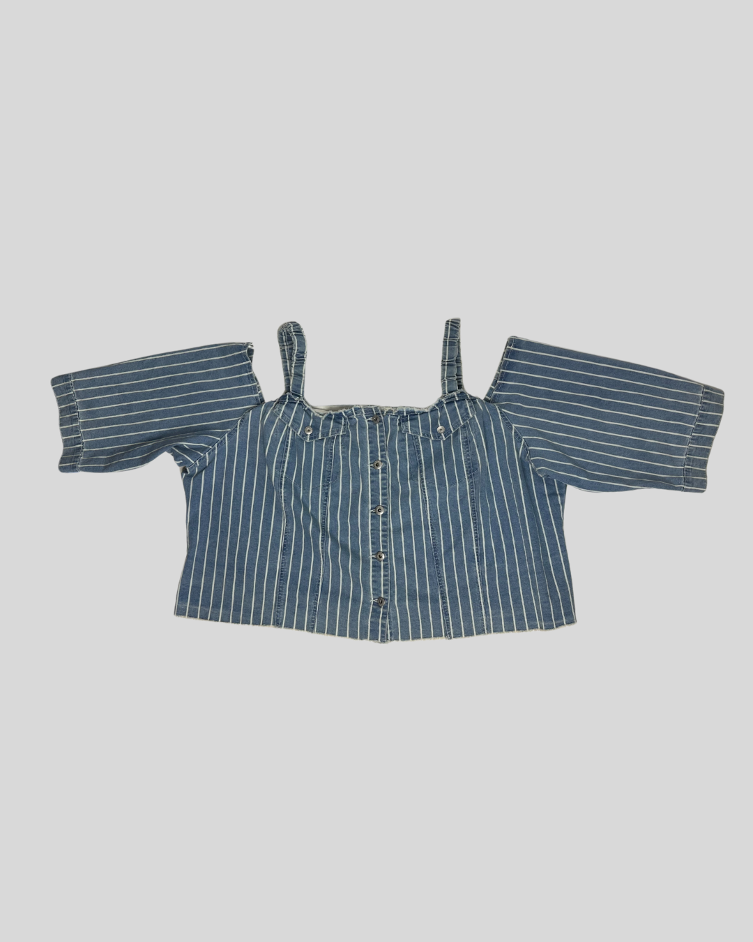 Ashley Stewart Denim Cold Shoulder Stripe Top (26/28)