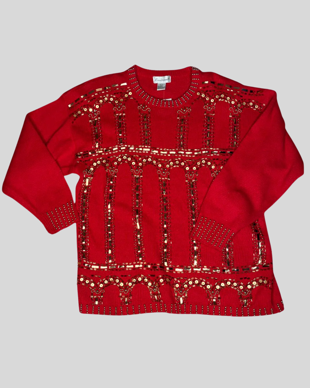 Vintage Red & Gold Knit Sweater w/Sequins & Beading (L)
