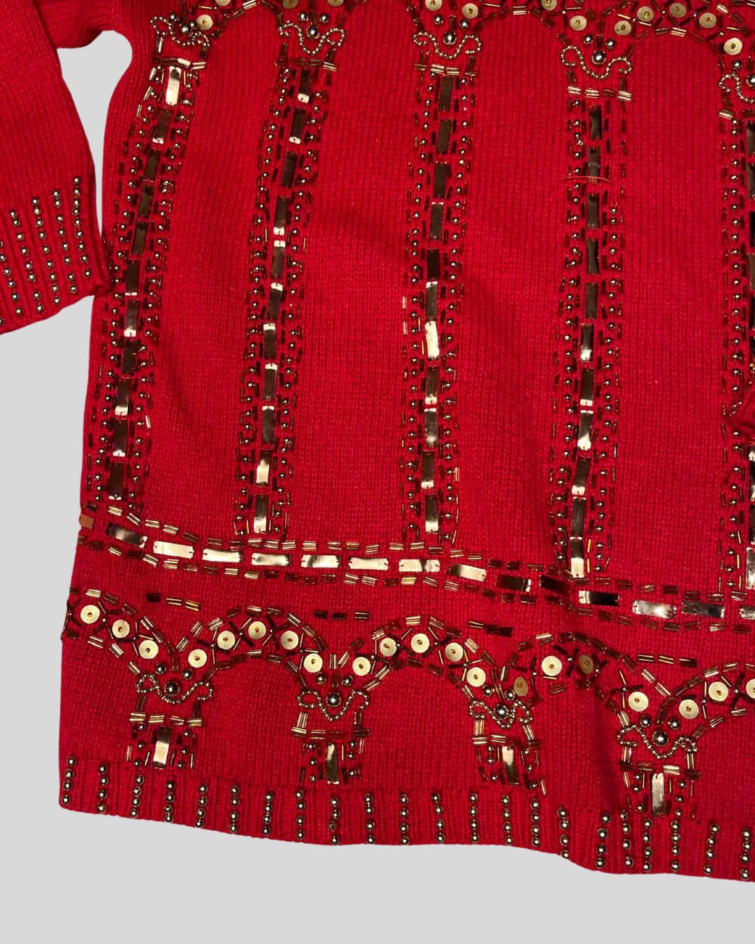 Vintage Red & Gold Knit Sweater w/Sequins & Beading (L)