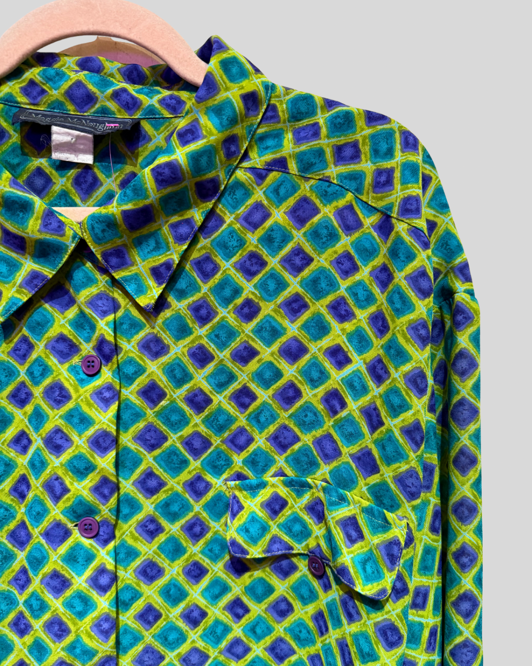 Vintage Maggie McNaughton Green and Blue Diamond Print Button Down Top (4X)