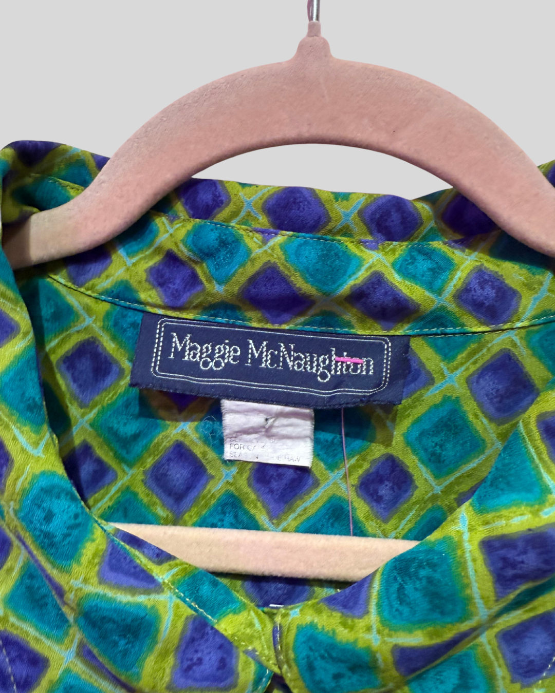 Vintage Maggie McNaughton Green and Blue Diamond Print Button Down Top (4X)