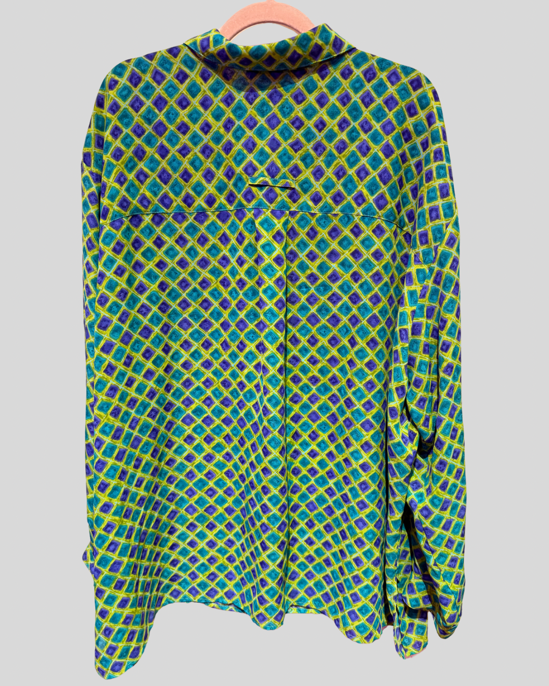 Vintage Maggie McNaughton Green and Blue Diamond Print Button Down Top (4X)