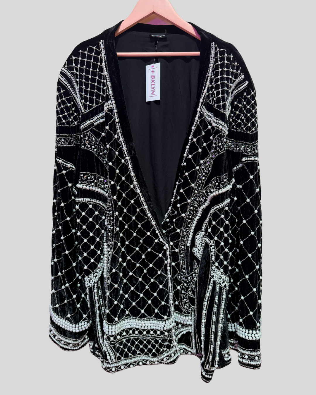 Pretty Little Thing Black Velvet Beaded Pearl Duster Jacket (22)