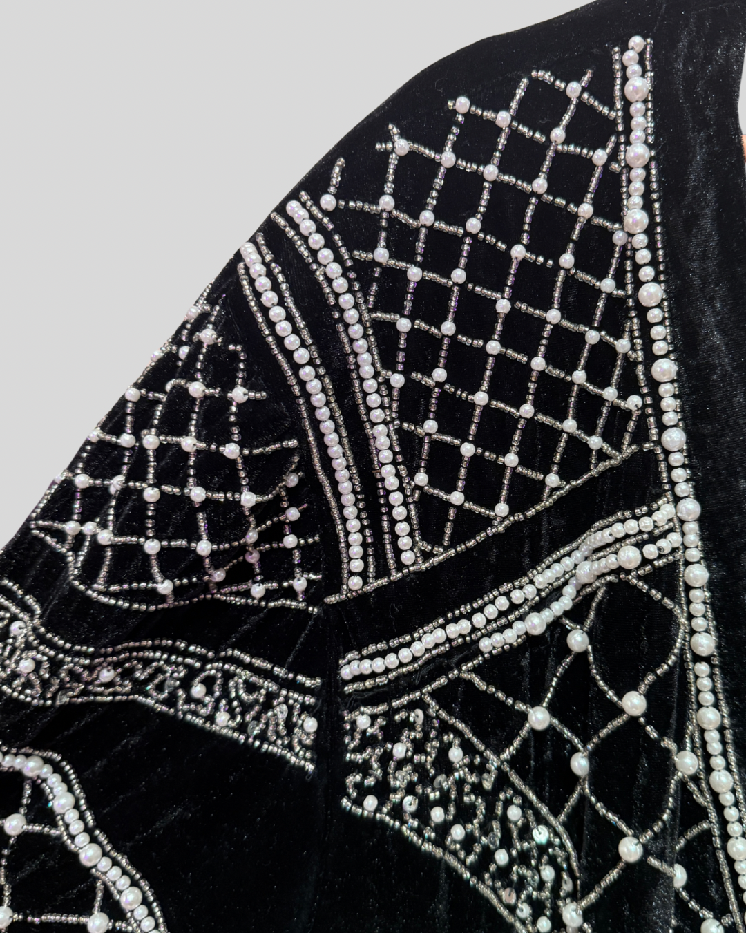 Pretty Little Thing Black Velvet Beaded Pearl Duster Jacket (22)