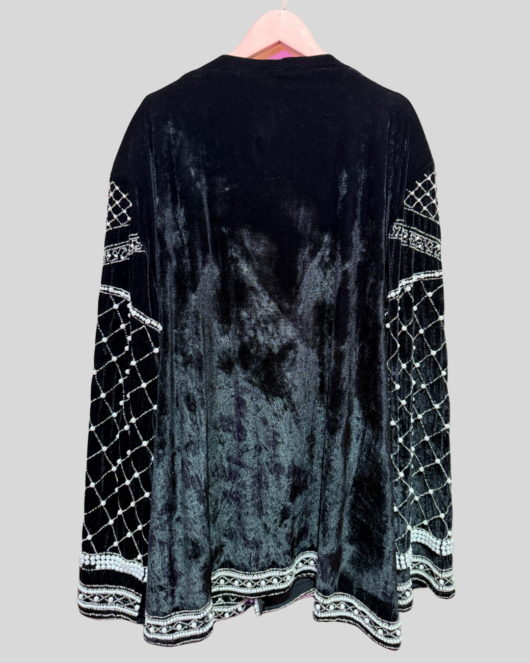 Pretty Little Thing Black Velvet Beaded Pearl Duster Jacket (22)