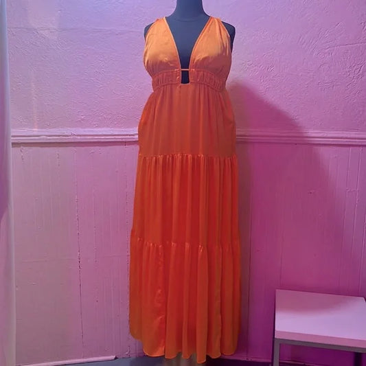 BCBG NWT Max Azria Kameron Tangerine Orange VNeck Tiered Maxi Dress sz 48 XXL 2X