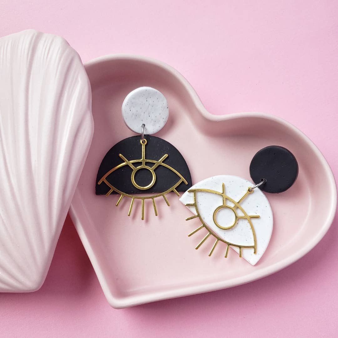 Night Moves Atelier - Polymer Clay Black and White Evil Eye Fan Earrings
