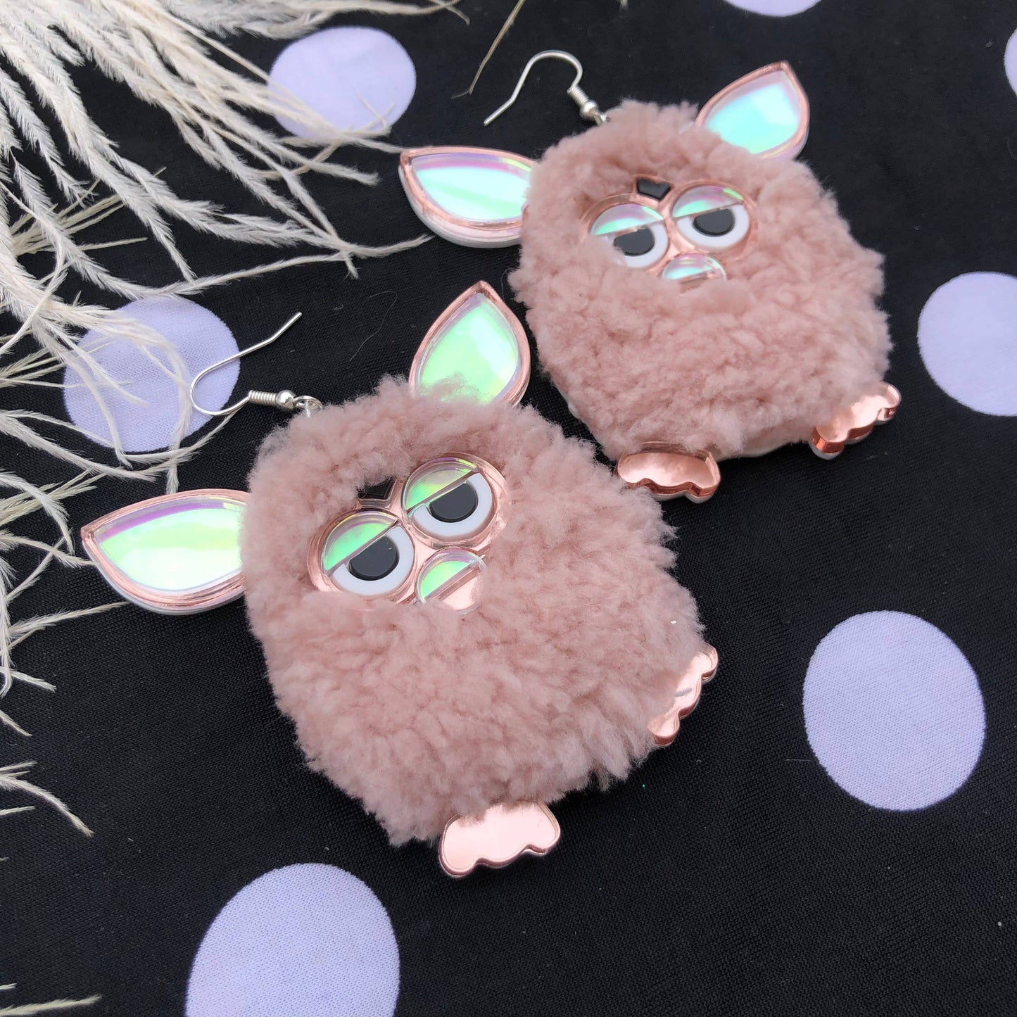 I'm Your Present - Rose Pink Furry Furby Earrings, Laser Cut Acrylic, Plastic Jewelry