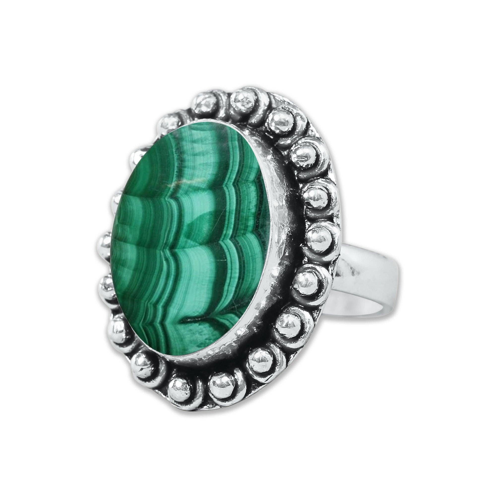 Malachite Rings – Silver-Plated, Handmade, Bold Green (US Sizes 6–10, Non-Adjustable) | Wholesale: 5 Rings