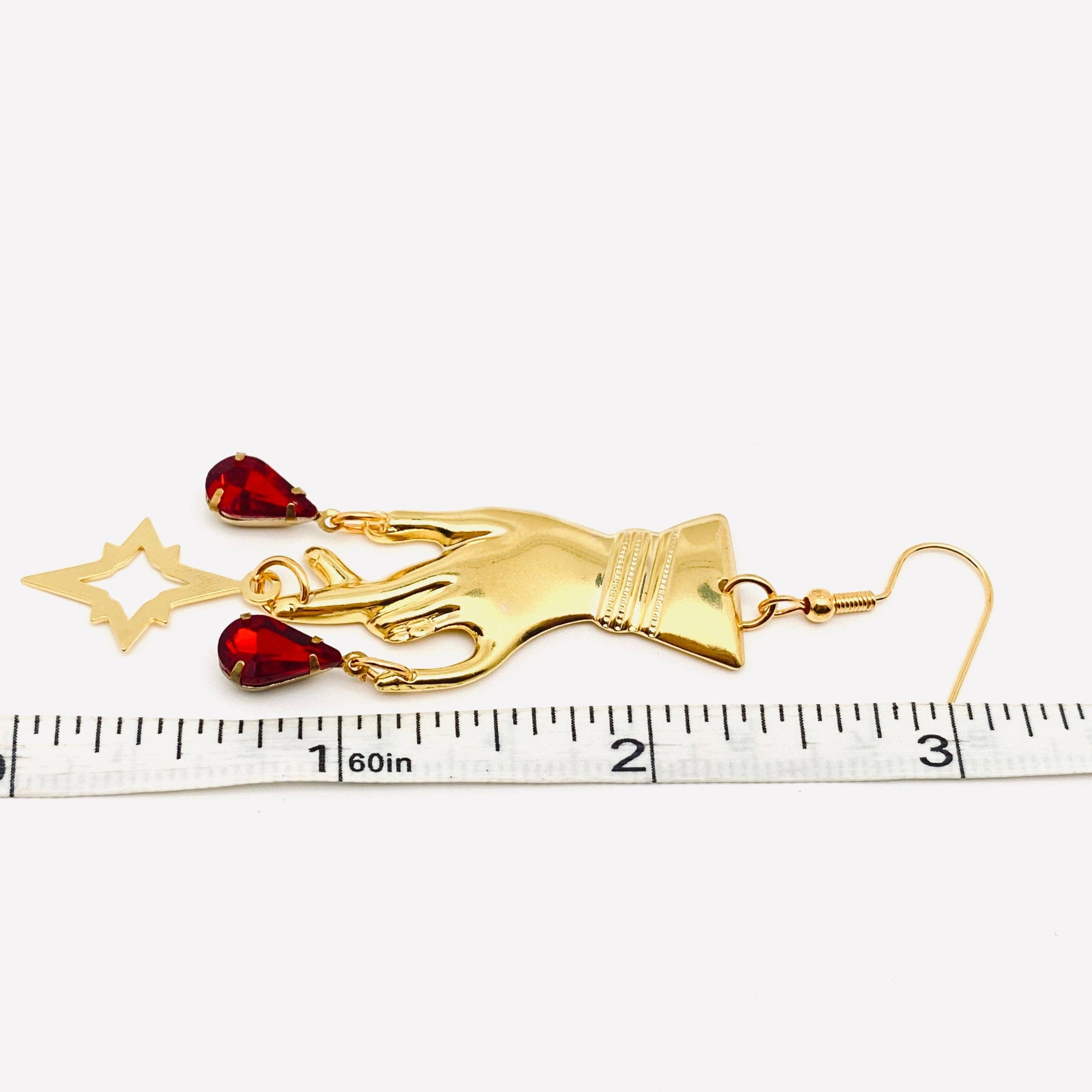 Golden Hand Red Rhinestone Pendant Earrings Gothic Style -GT: Earrings