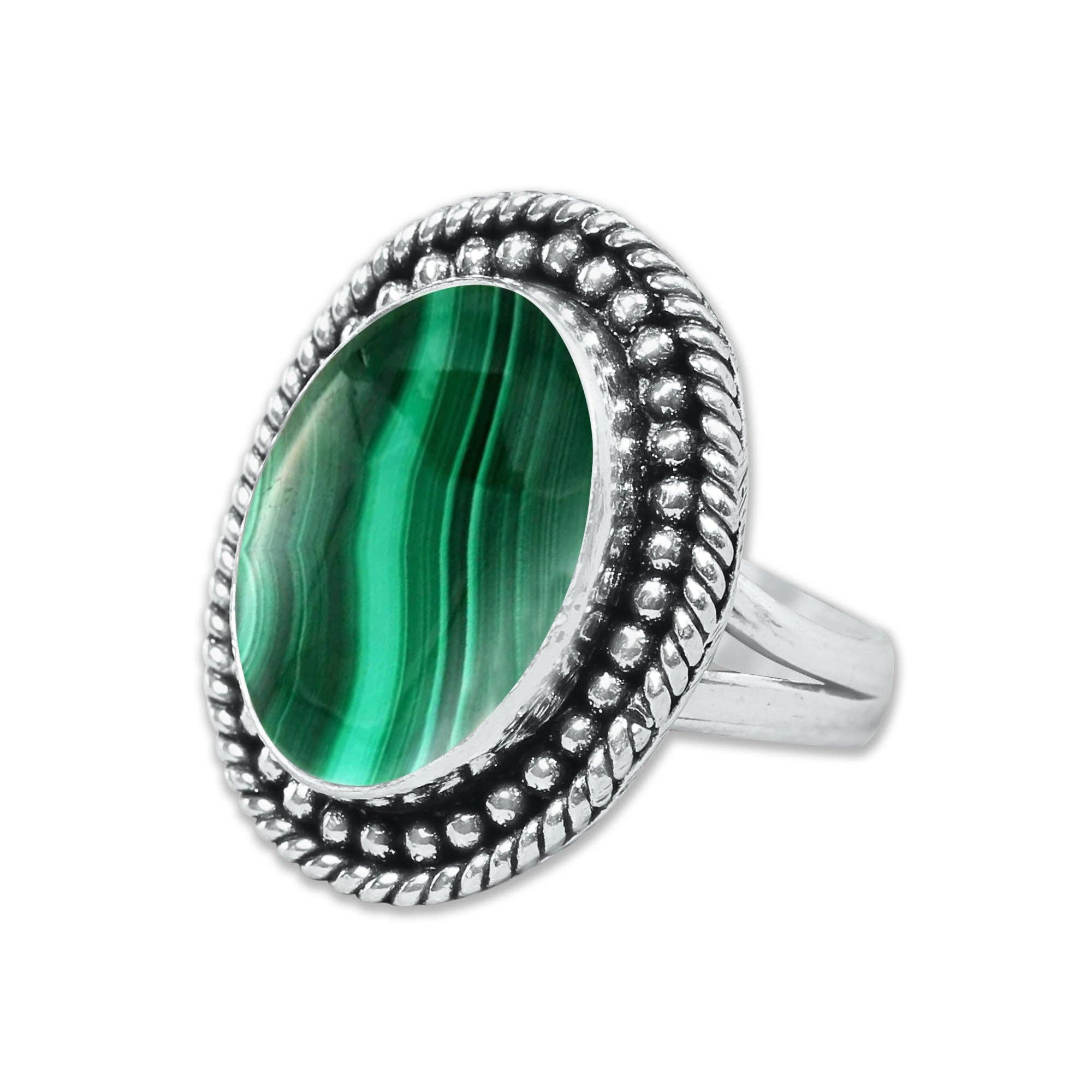 Malachite Rings – Silver-Plated, Handmade, Bold Green (US Sizes 6–10, Non-Adjustable) | Wholesale: 5 Rings