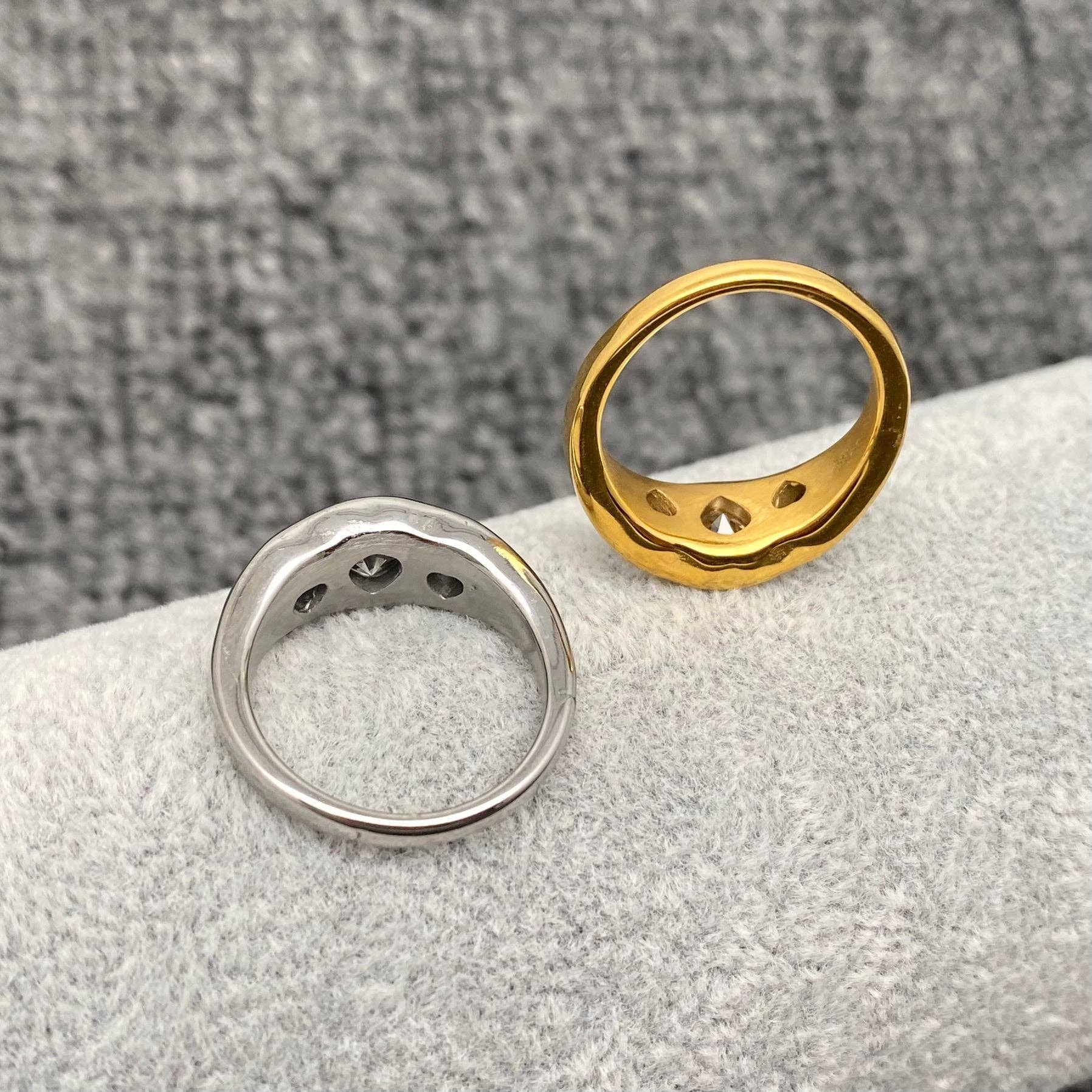 Triple Heart Zircon 18K Gold Plated Stainless Steel Ring-FGS: Steel color / 9