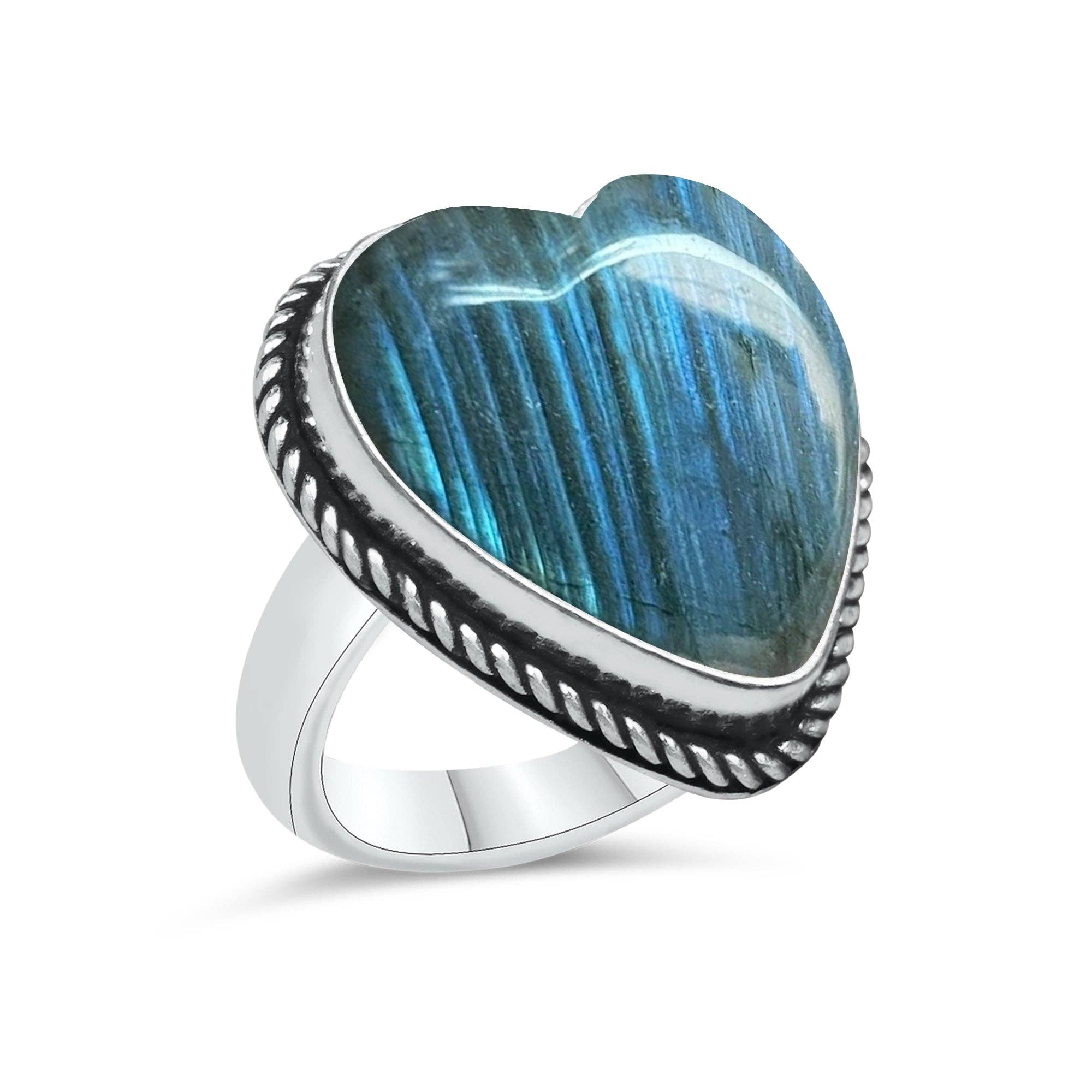 Labradorite Heart Rings – Silver-Plated, Handmade, Blue Flash (US Sizes 6–10, Non-Adjustable) | Wholesale: 10 Rings