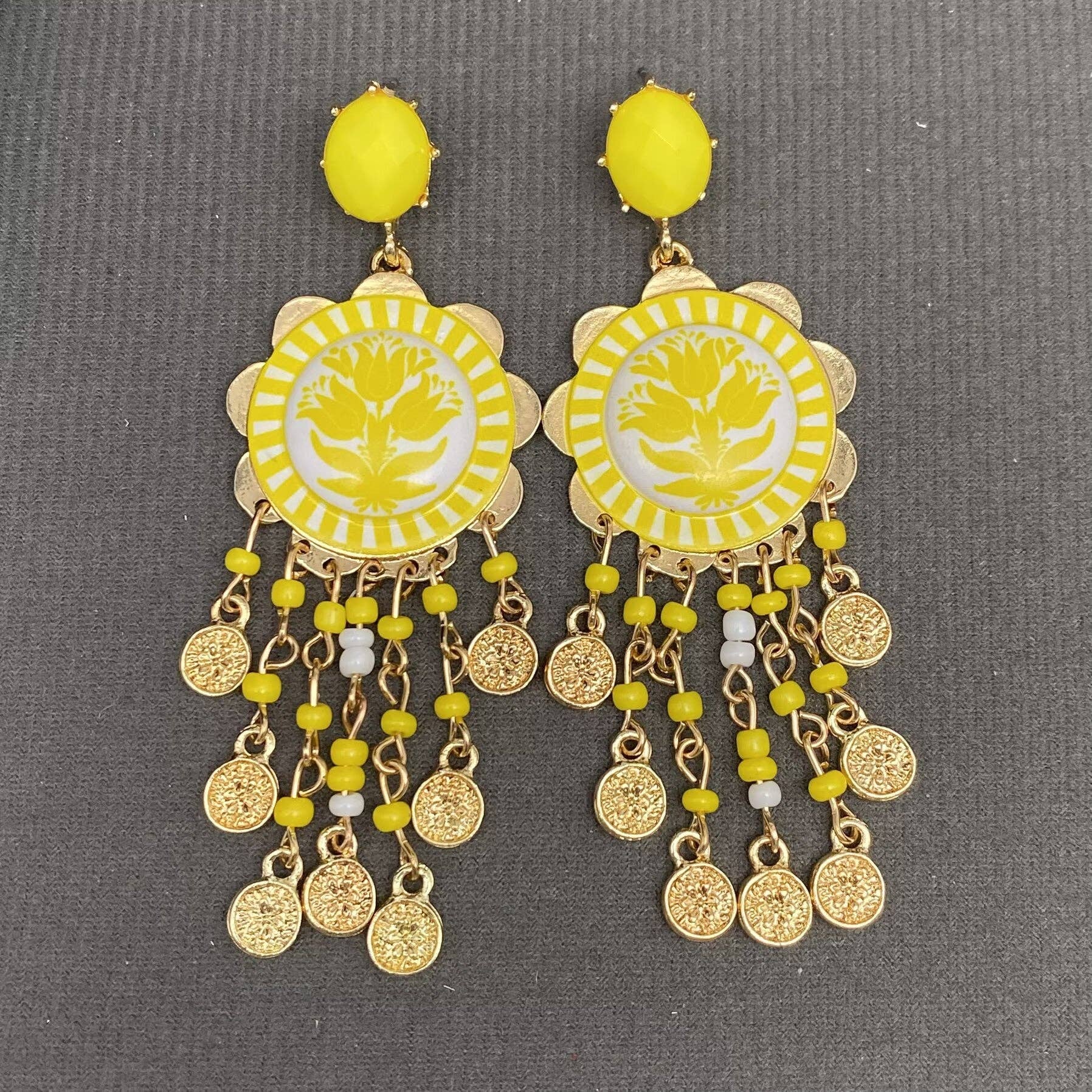 Enamel Tulip Flower Coin Tassel Dangle Earrings: Red