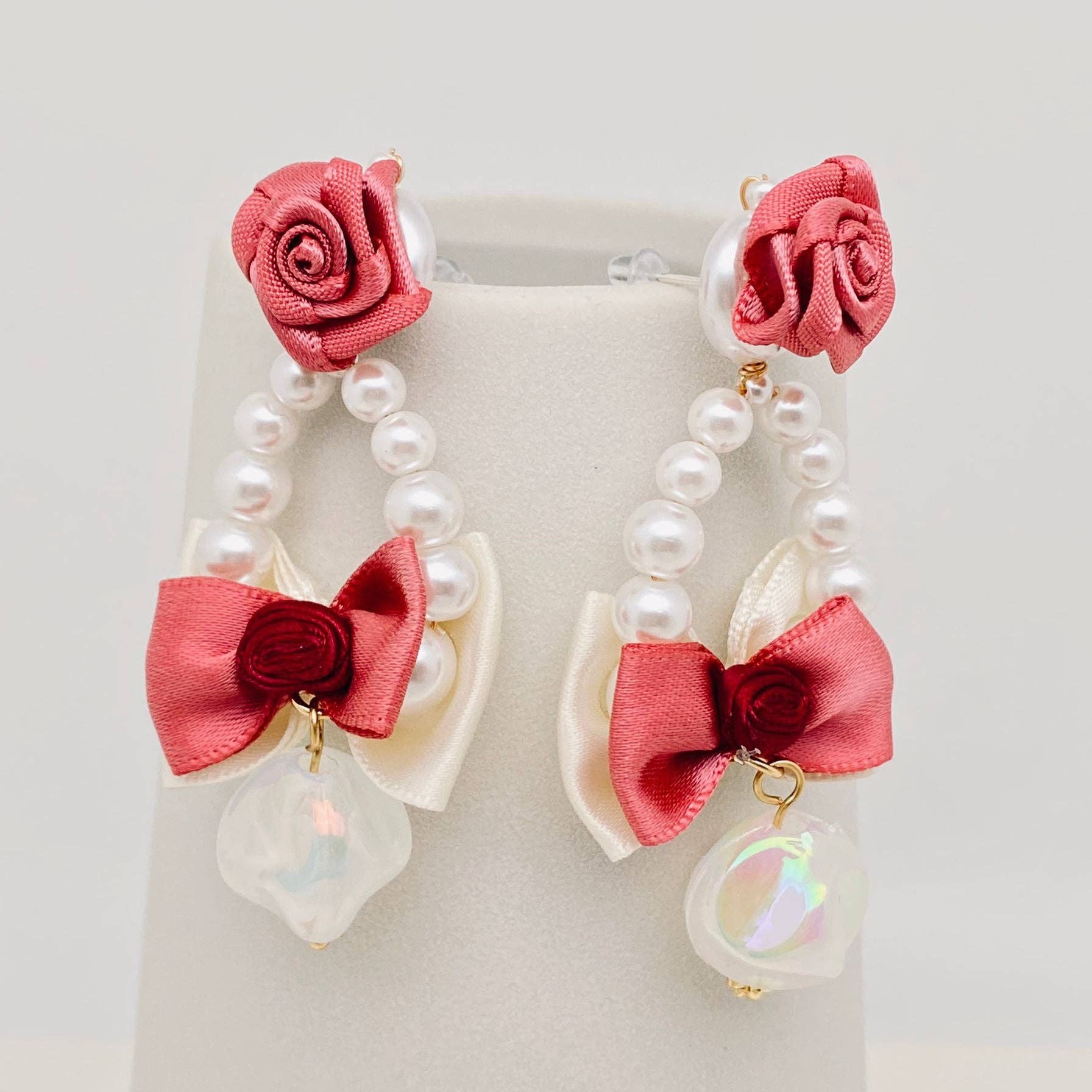 Ribbon Bow & Rose Pearl Pendant  Post Earrings - YK