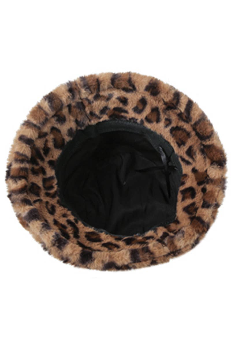 Cap Zone - Leopard Print Fuzzy Faux Fur Fluffy Bucket Hat