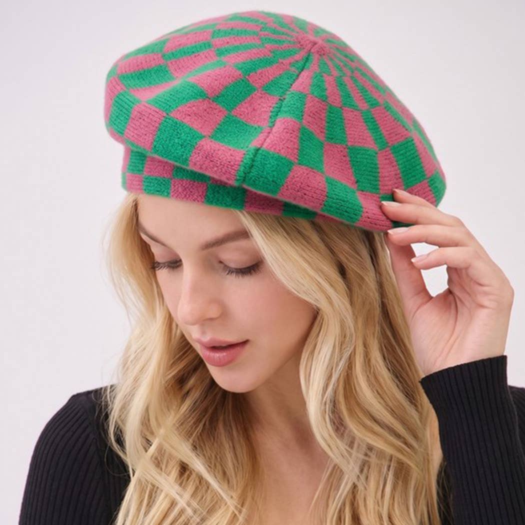 Geometric Checkered Knit Beret: TNPK