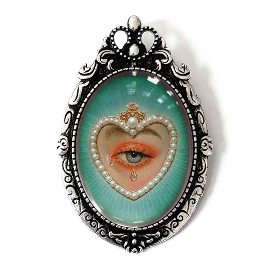 Lovers Eye Tears Heart Painting Brooch Blue Vintage Art: Antiqued Silver
