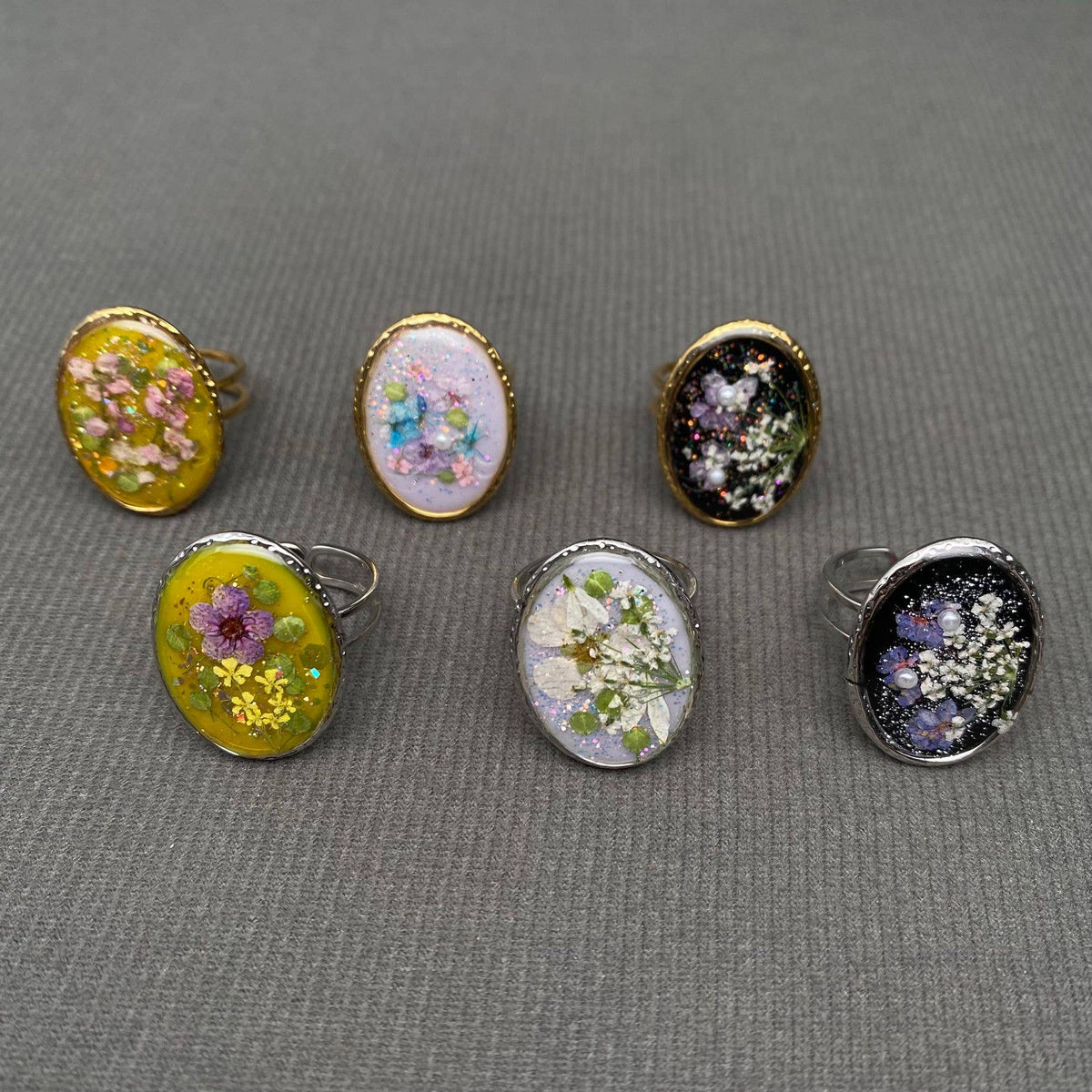 Dried Flowers Floral Oval 18K Golden SS Adjustable Ring -PDF: F