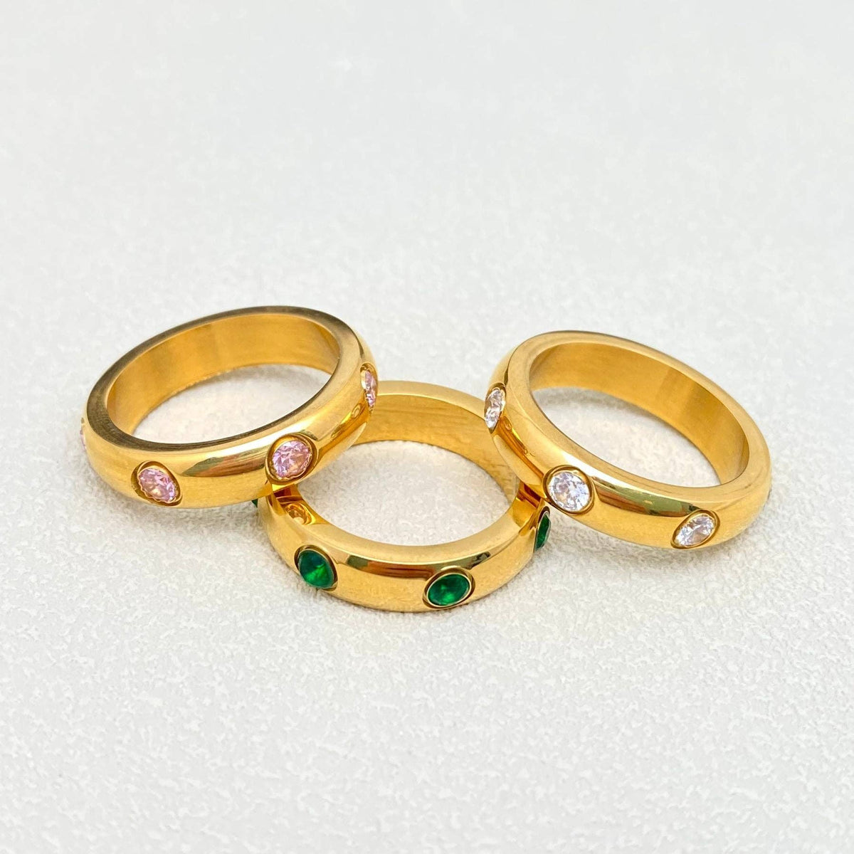 FGS - Inlaid Zircon 18K Gold Plated Stainless Steel Ring: Green / 8