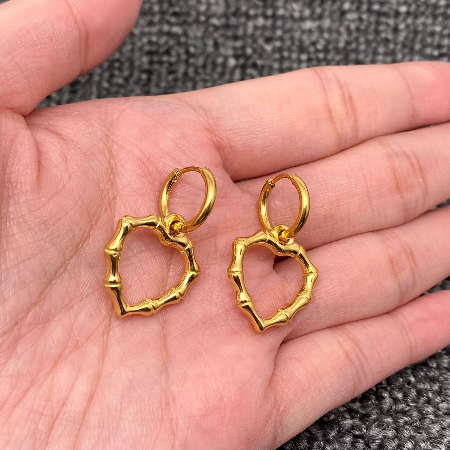 Hollow Bamboo Heart 18K Golden SS Huggie Earrings - FGS