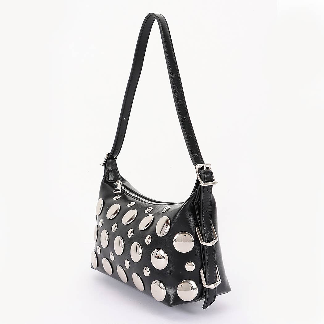 Vegan Leather Metal Studded Shoulder Bag: CM