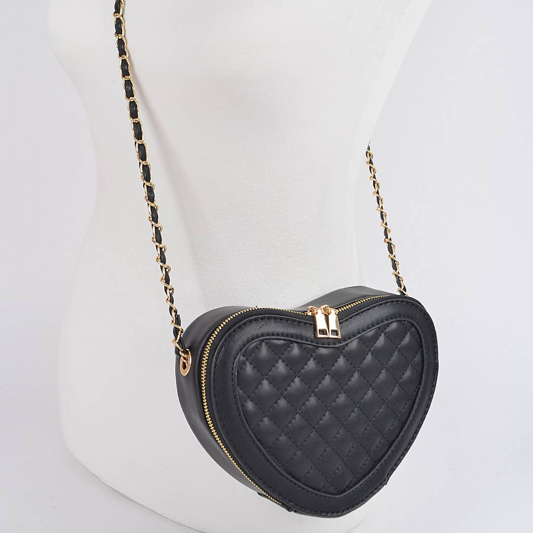 Quilted Blk Heart Shape Crossbody Bag: Black