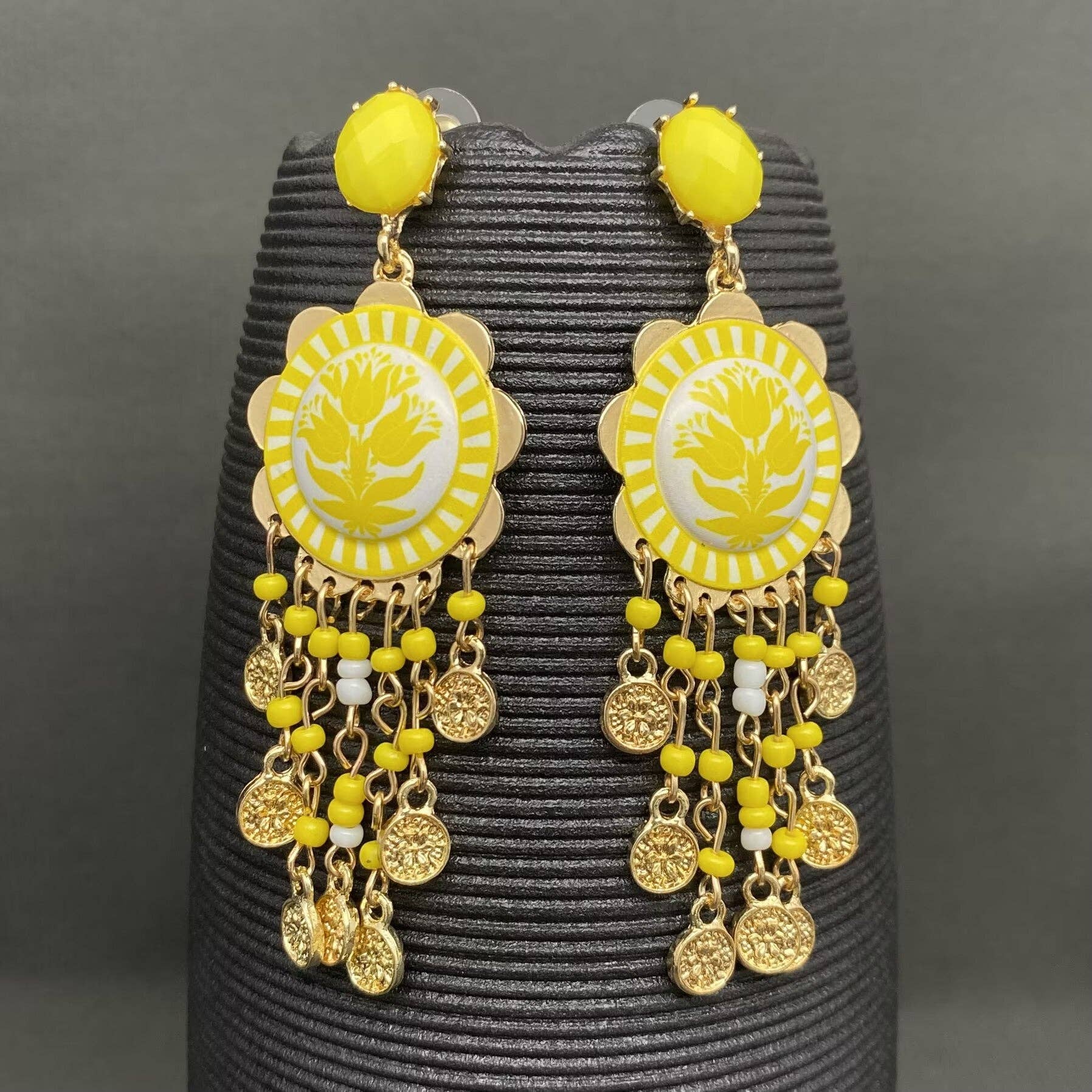 Enamel Tulip Flower Coin Tassel Dangle Earrings: Red