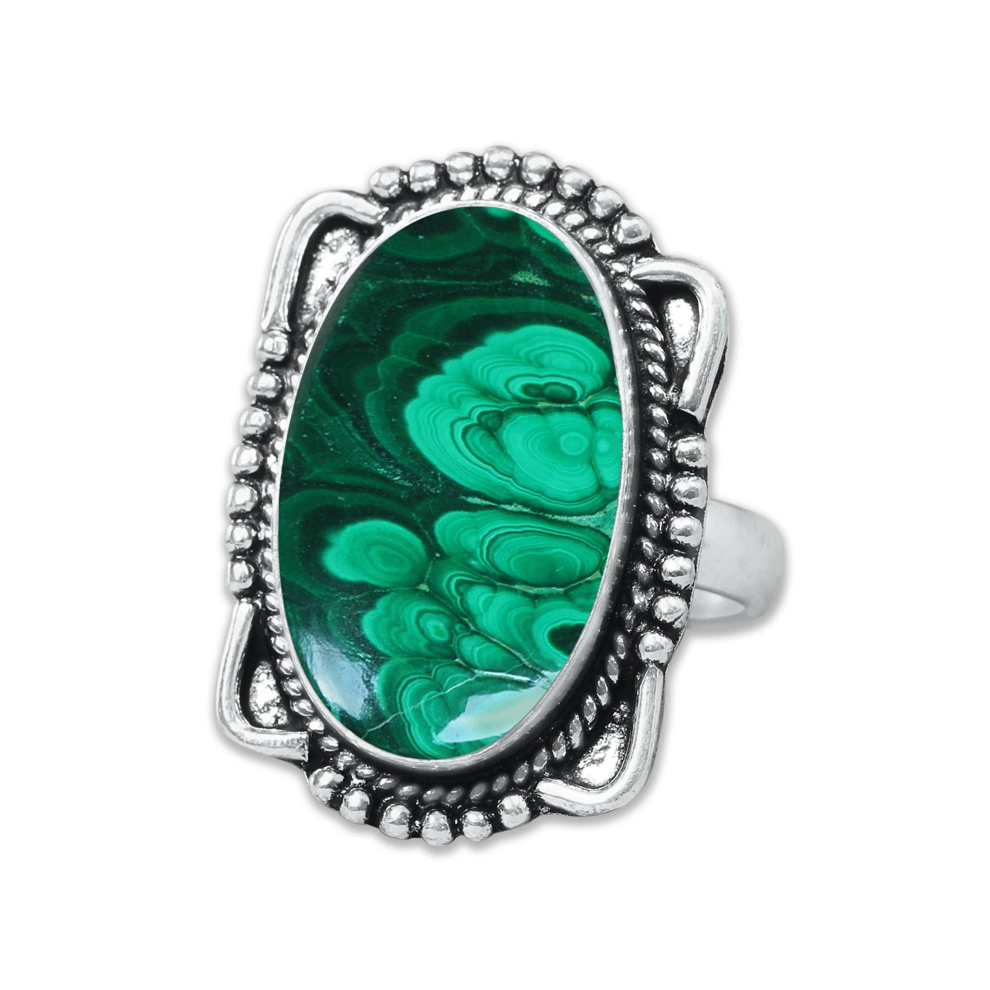 Malachite Rings – Silver-Plated, Handmade, Bold Green (US Sizes 6–10, Non-Adjustable) | Wholesale: 5 Rings