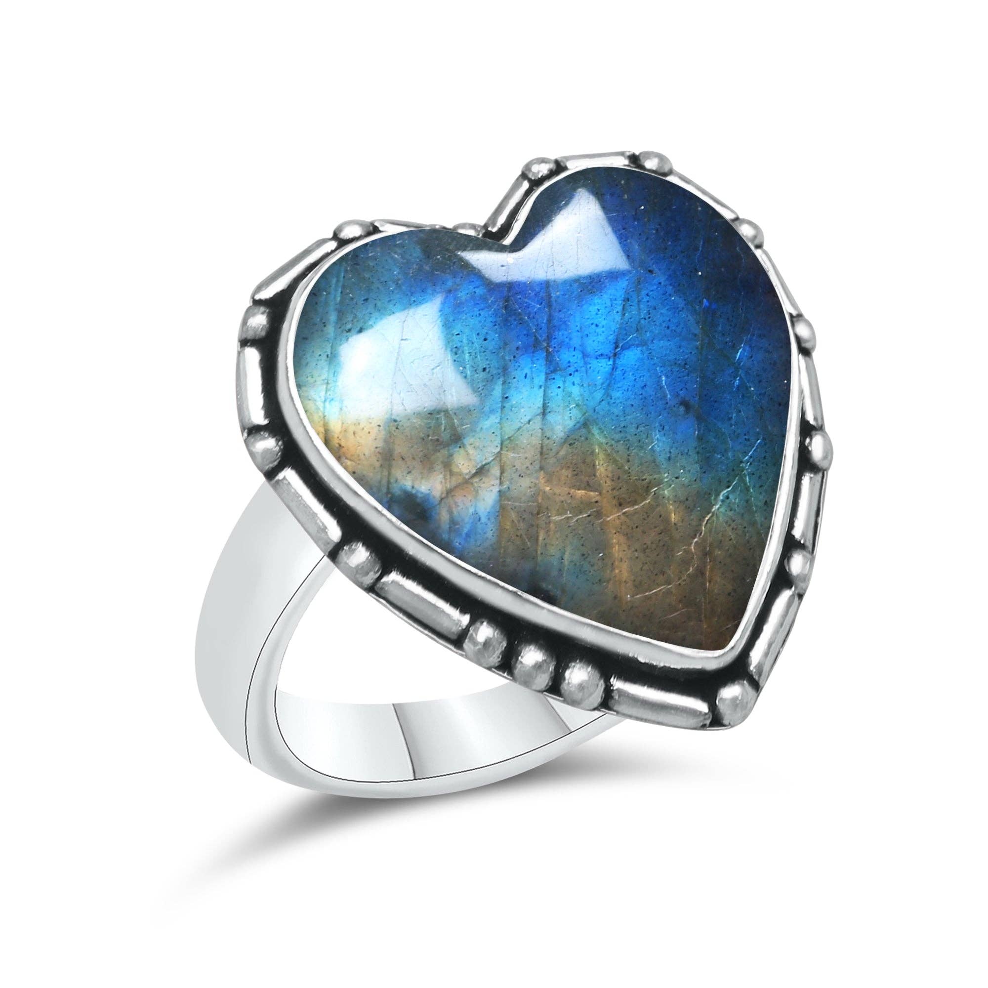 Labradorite Heart Rings – Silver-Plated, Handmade, Blue Flash (US Sizes 6–10, Non-Adjustable) | Wholesale: 10 Rings
