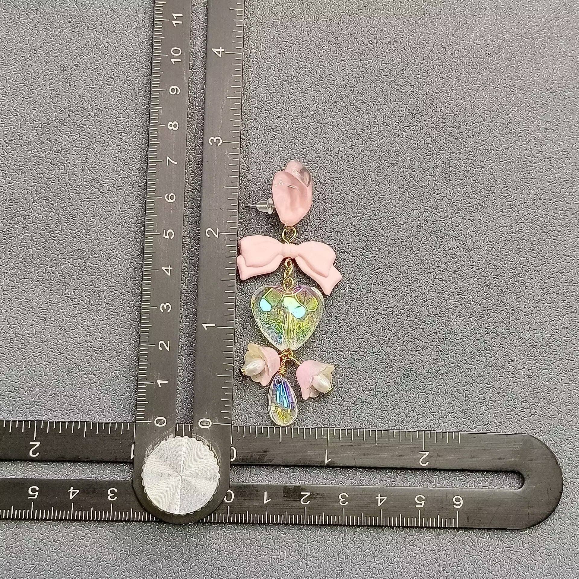 Flower & Heart & Bow Linked Dangle Earrings  - YK