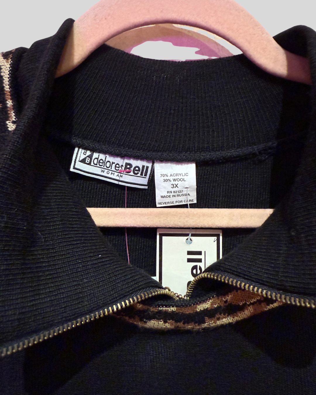 Vintage Delores Bell NWT Wool Blend Black and Animal Pullover (3X)