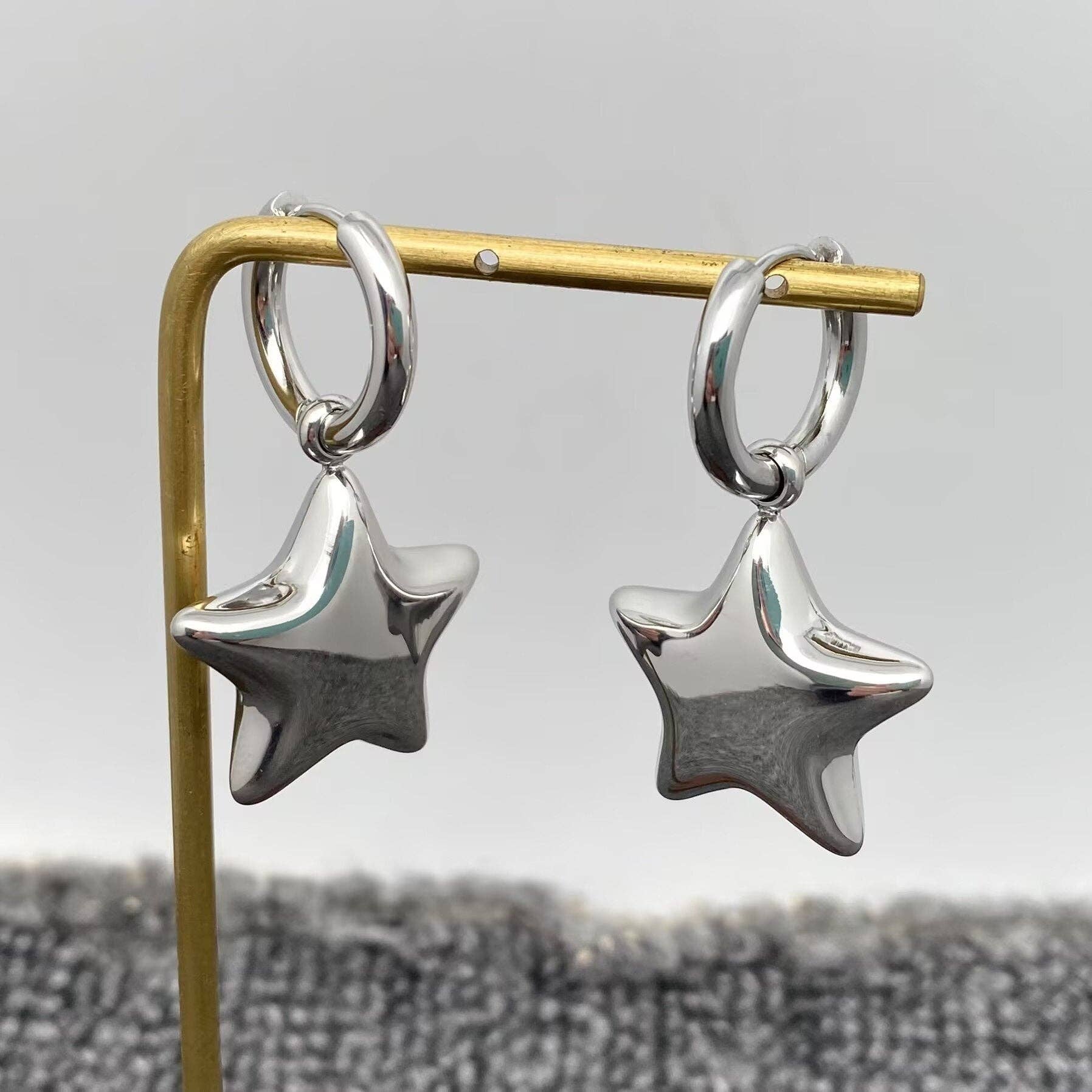 18K Gold Plated SS Glossy Star Charm Huggie Earrings -FGS/MS: Steel color