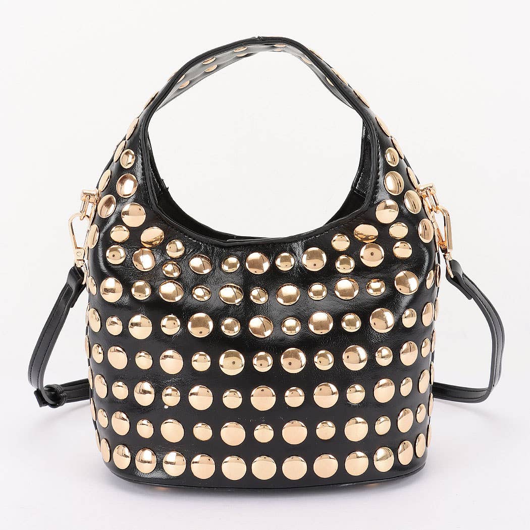 Vegan Leather Metal Studded Hobo Bag: BKSL