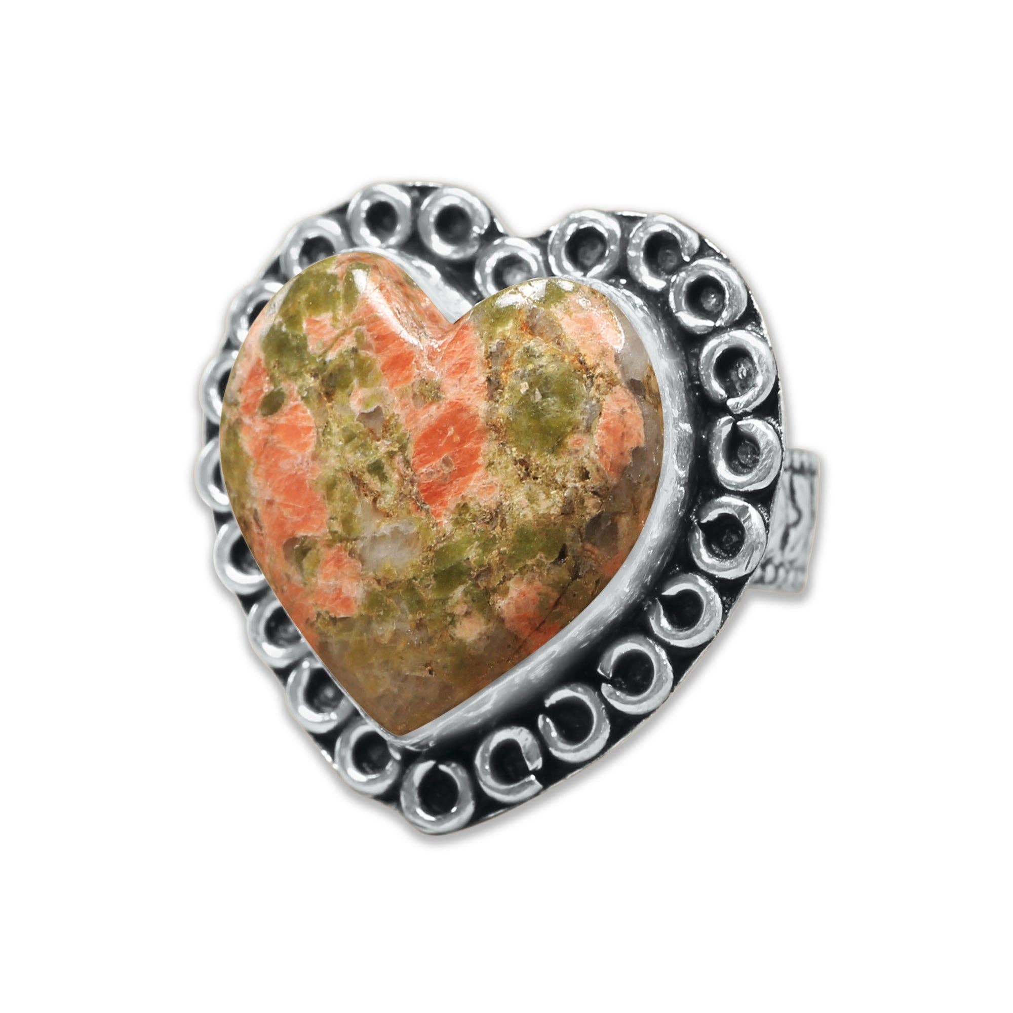Heart Crystal Rings – Silver-Plated, Handmade, Assorted Natural Stones (US Sizes 6–10, Non-Adjustable) | Wholesale: Silver / 10 Rings