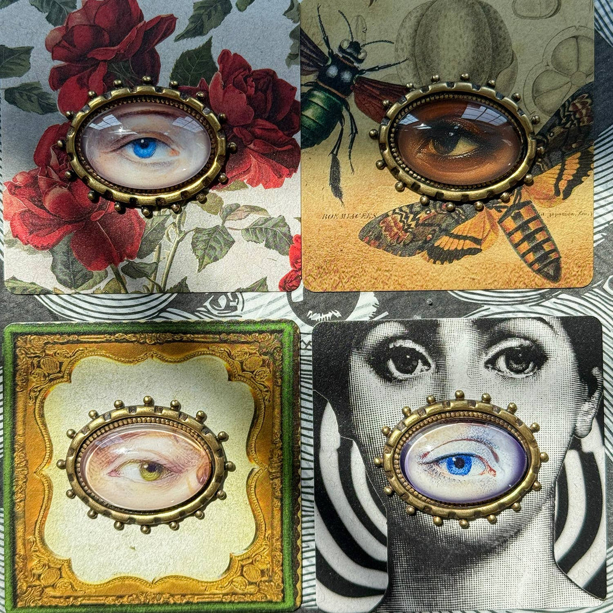 You Choose Lovers Eye Oval Brass Brooch Vintage Victorian: #1 Blue Eye Black Patina