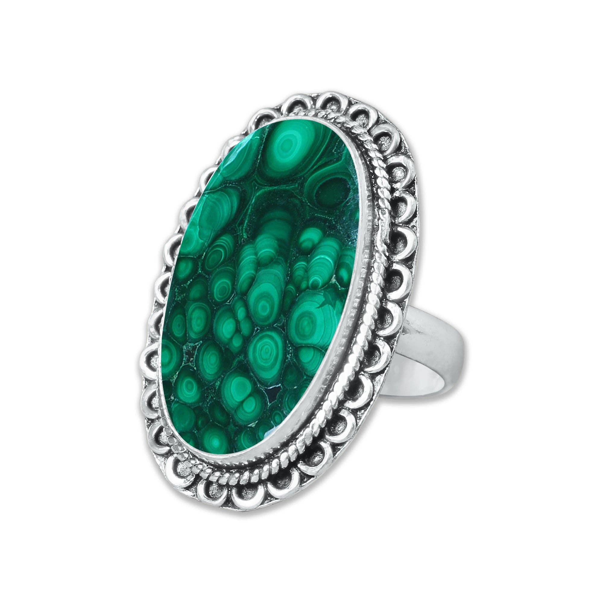 Malachite Rings – Silver-Plated, Handmade, Bold Green (US Sizes 6–10, Non-Adjustable) | Wholesale: 5 Rings