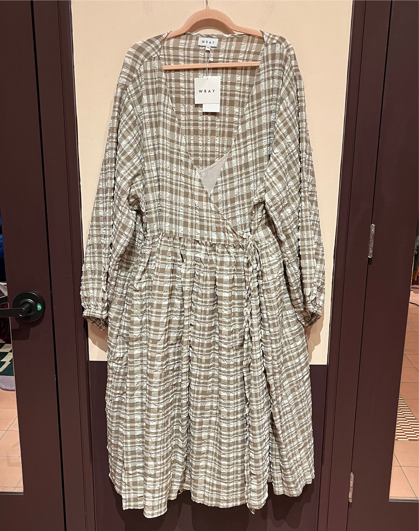 WRAY NWT Jane Wrap Dress Tortilla Chip Cream & Taupe Gingham 5x