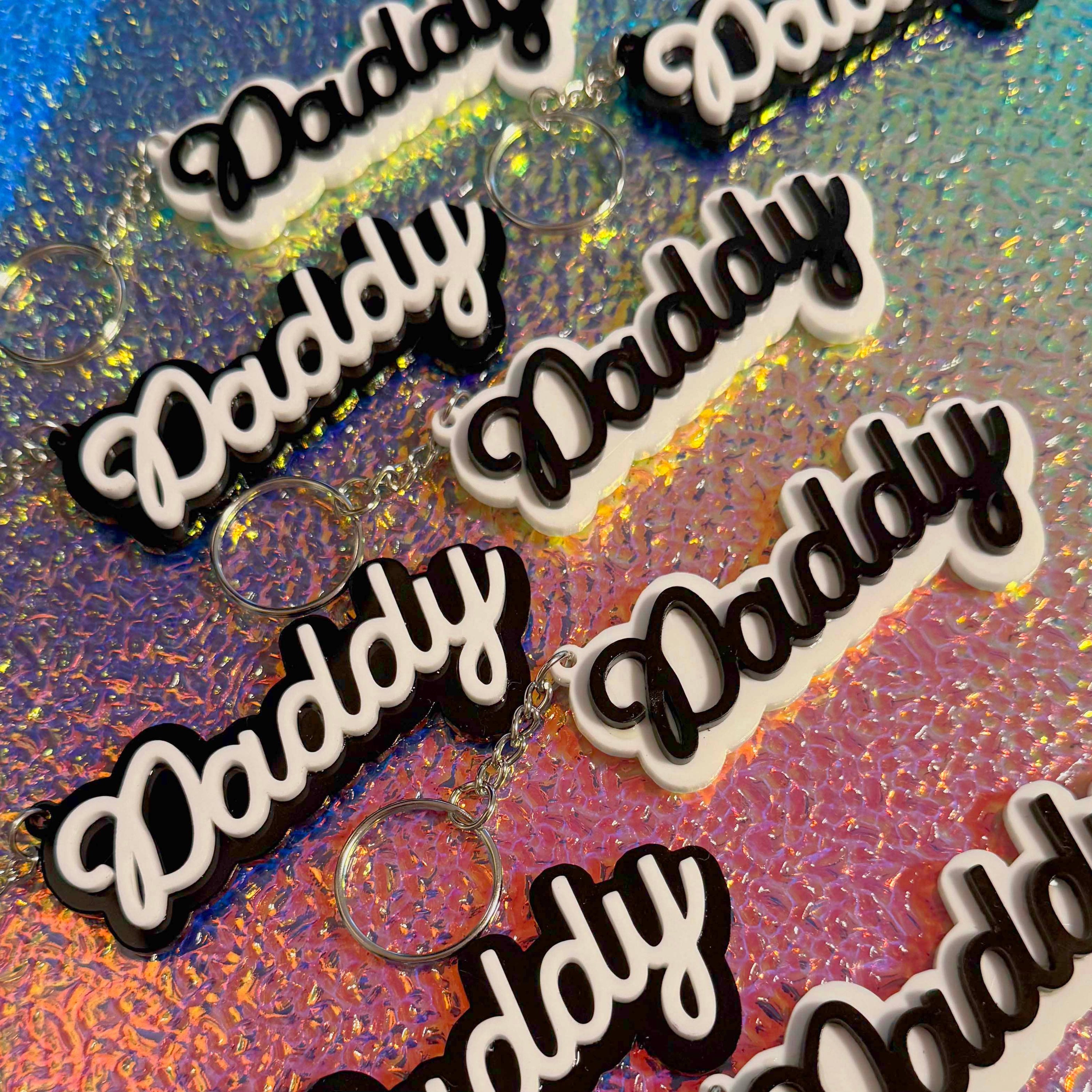 Daddy Keychain (Multicolor): White Letters / Black Outline
