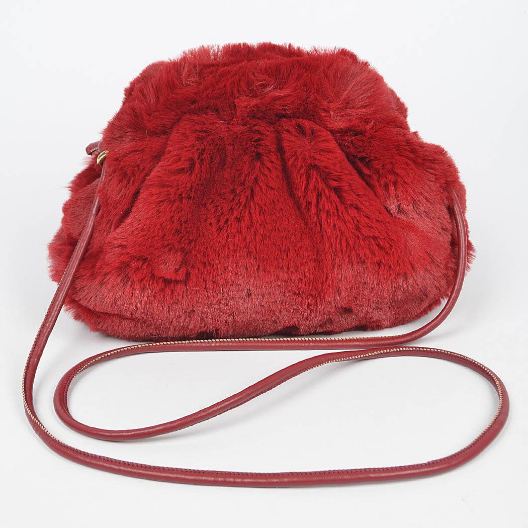 Cinched Faux Fur Crossbody Bag: Burgundy