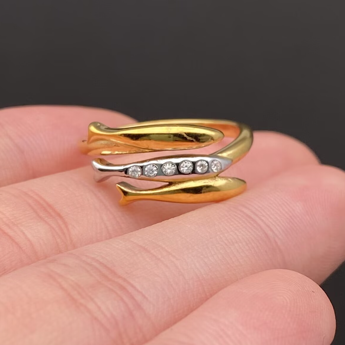 Zircon Inlaid Fish Two-tone 18K Gold Plated S.Steel Ring - FGS: 8