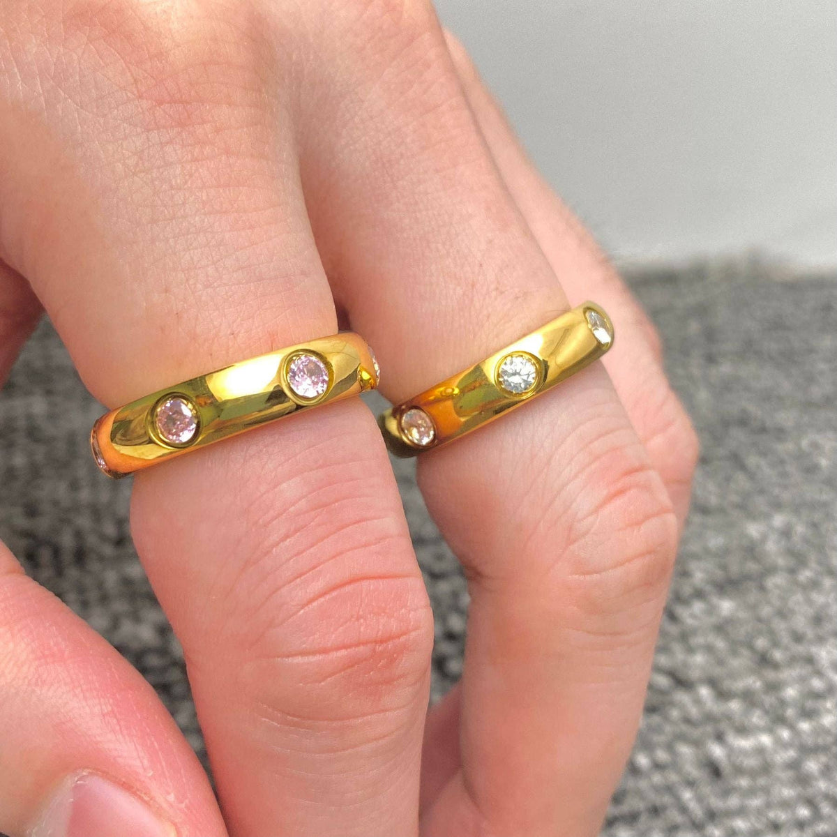 FGS - Inlaid Zircon 18K Gold Plated Stainless Steel Ring: Green / 8