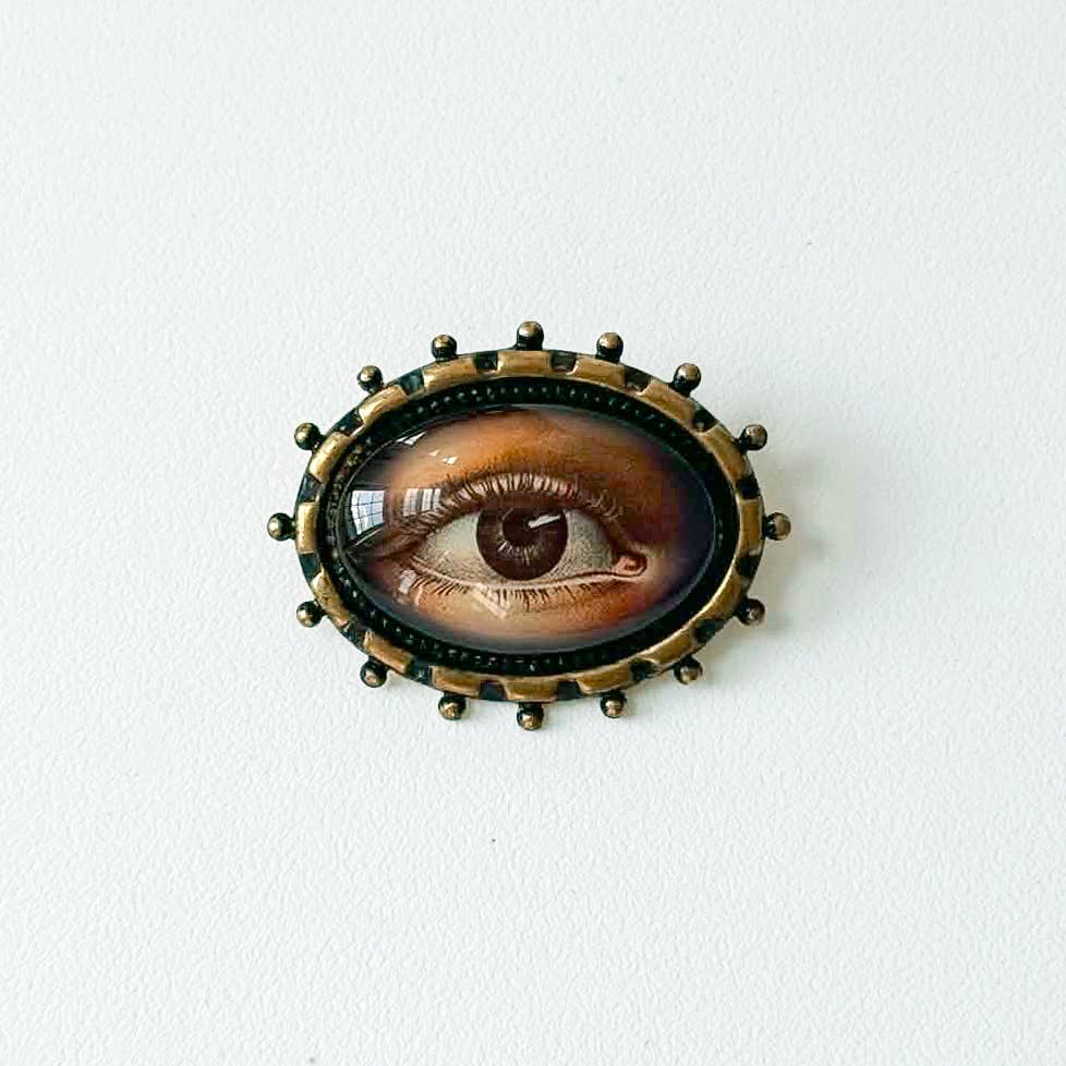 You Choose Lovers Eye Oval Brass Brooch Vintage Victorian: #1 Blue Eye Black Patina
