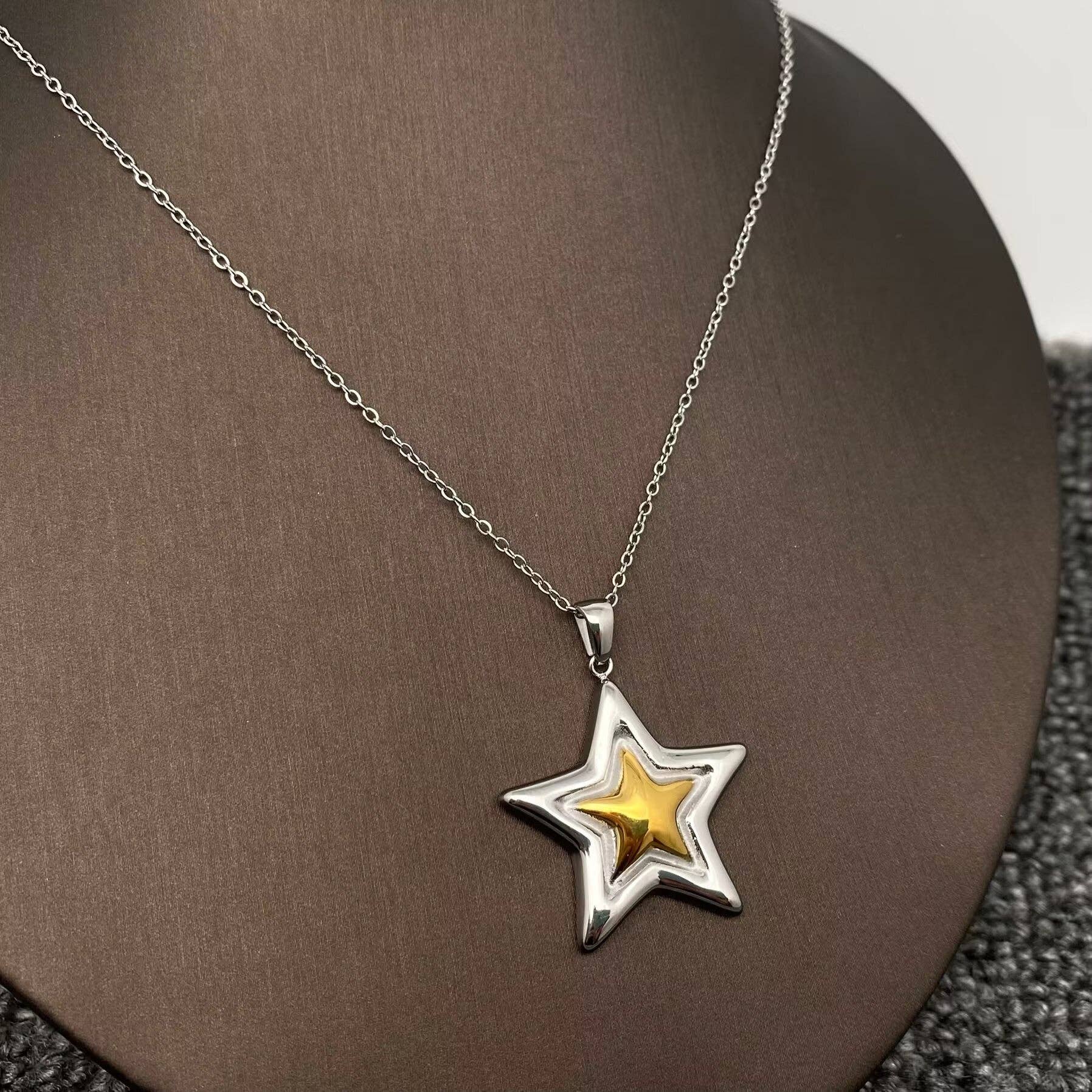 18K Gold Plated S.Steel Two Tone Star charm Necklace - FGS