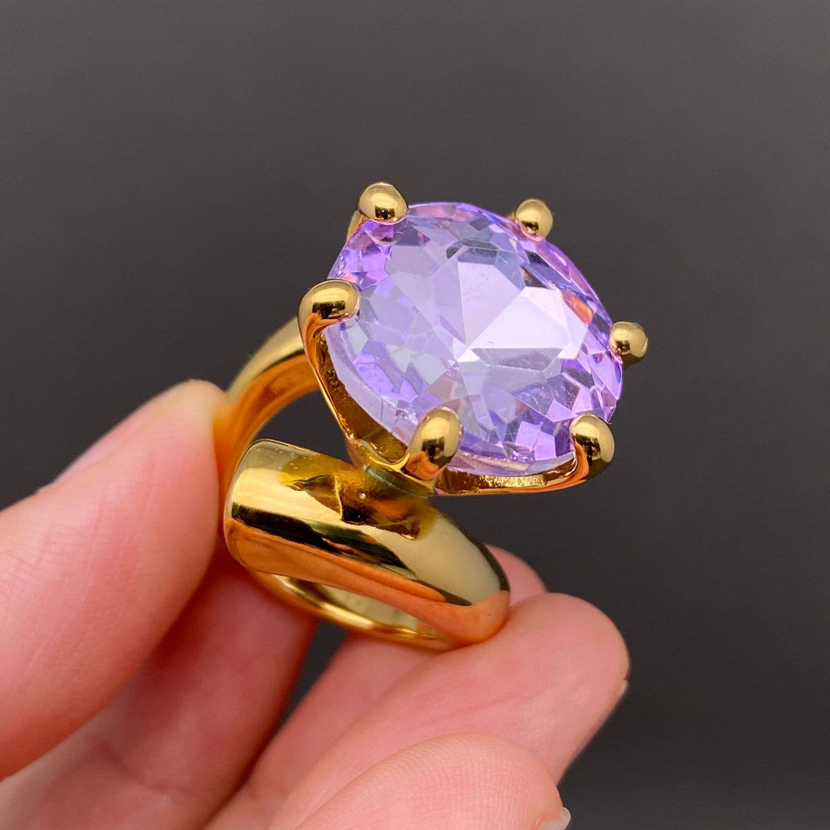 Big Zircon Inlaid 18K Gold Plated Stainless Steel Ring - FGS: Purple / 9