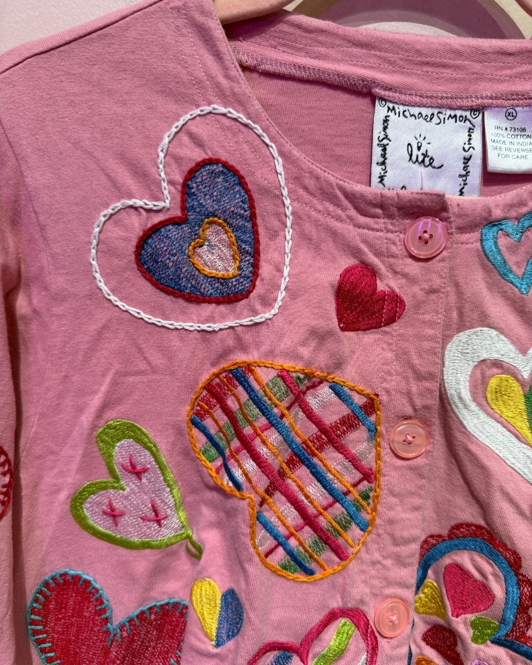 Vintage Micheal Simon Lite Pink Embroidered Heart Bd (XL)