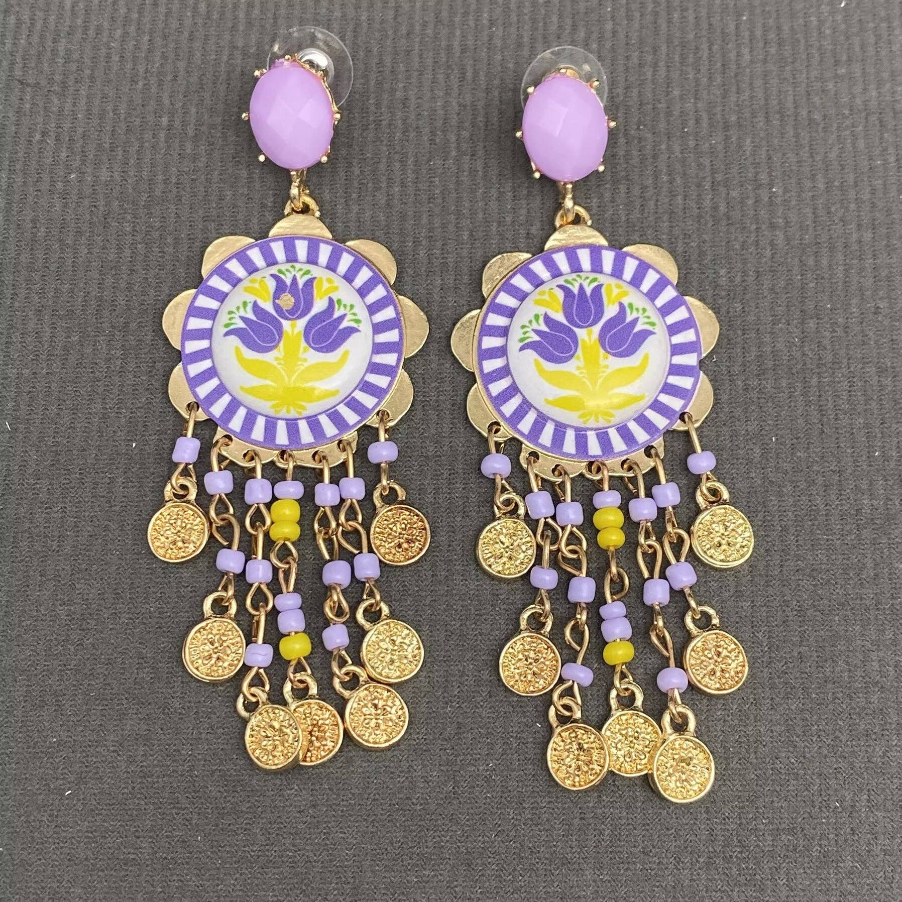 Enamel Tulip Flower Coin Tassel Dangle Earrings: Red