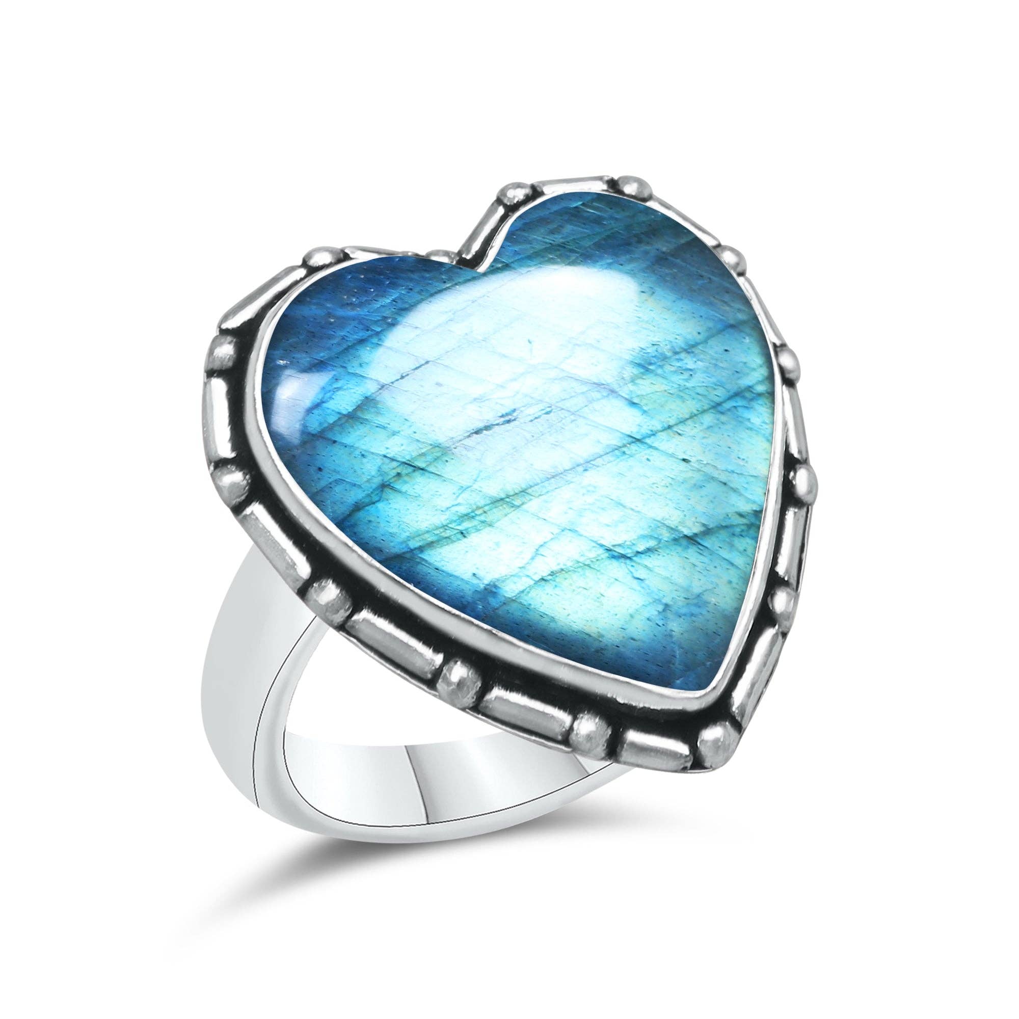 Labradorite Heart Rings – Silver-Plated, Handmade, Blue Flash (US Sizes 6–10, Non-Adjustable) | Wholesale: 10 Rings