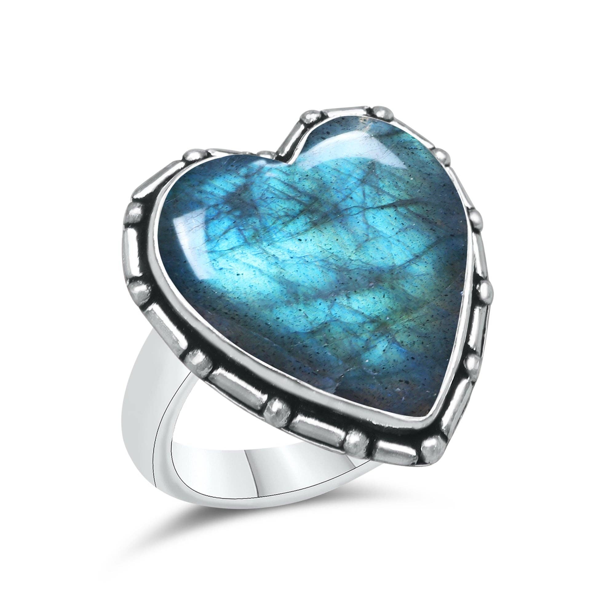 Labradorite Heart Rings – Silver-Plated, Handmade, Blue Flash (US Sizes 6–10, Non-Adjustable) | Wholesale: 10 Rings