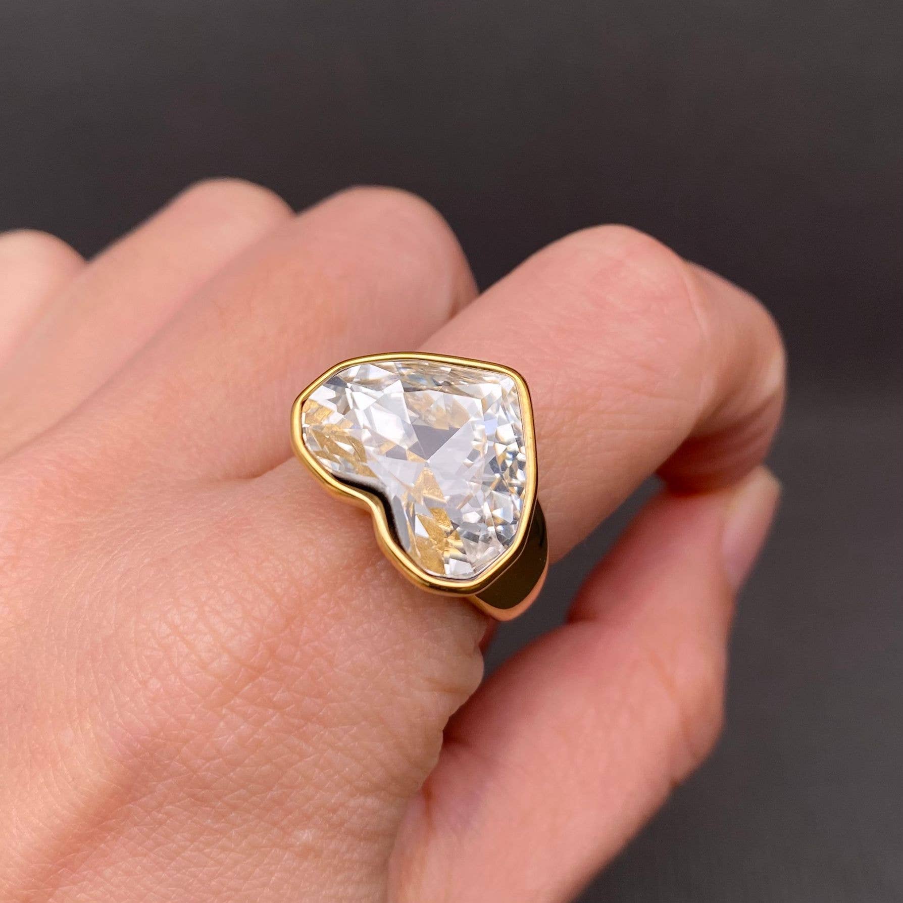 Heart Zircon 18K Gold Plated Stainless Steel Ring - FGS: Pink
